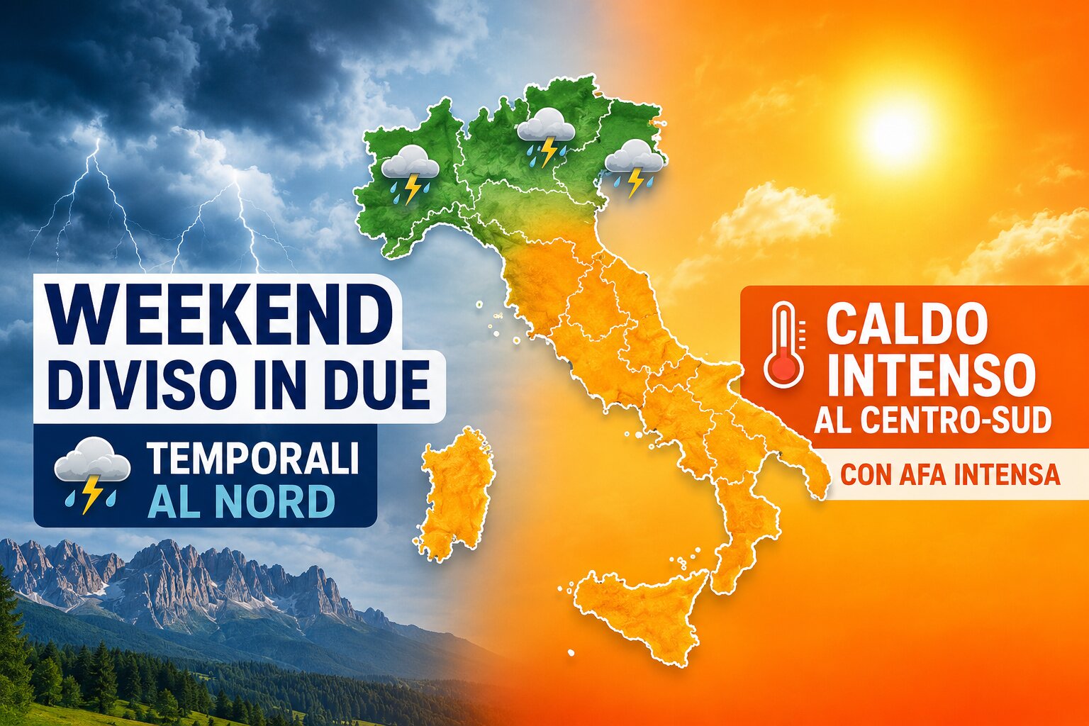 Previsioni meteo per il weekend del 18 e 19 luglio 2026 con temporali al Nord e caldo intenso al Centro-Sud