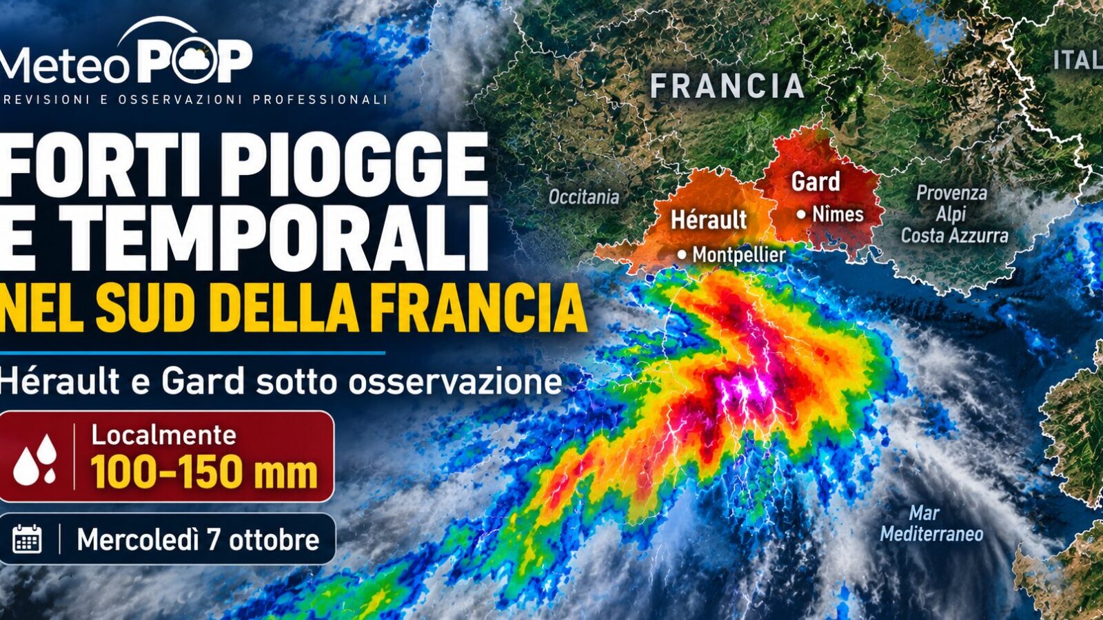 FORTI PIOGGE E TEMPORALI NEL SUD DELLA FRANCIA Hérault e Gard sotto osservazione ☔ Localmente 100–150 mm Mercoledì 7 ottobre
