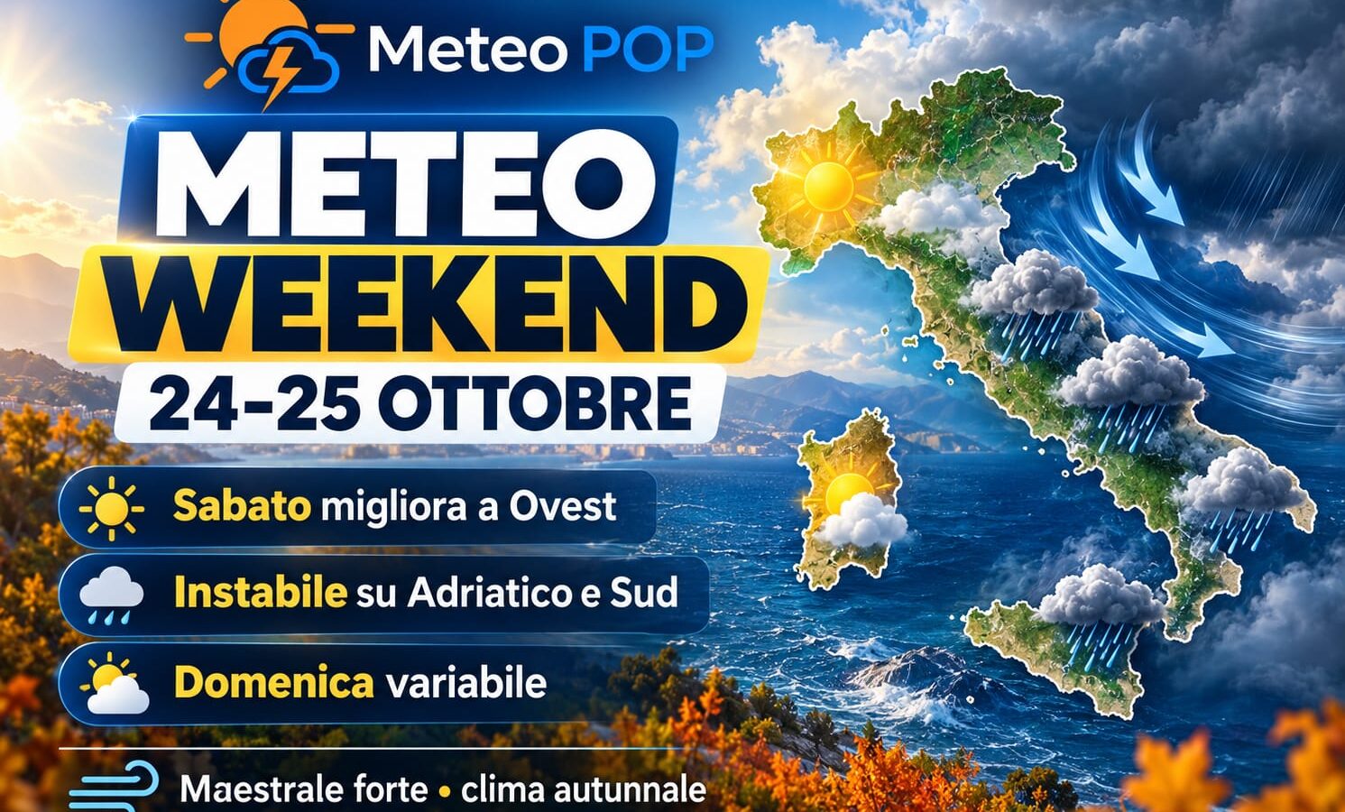 Meteo weekend 24–25 ottobre: sabato migliora a Ovest, instabile su Adriatico e Sud